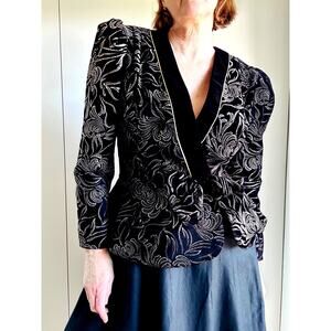 Vintage 80s Patra Velvet Brocade Evening Jacket/Blazer Peplum Black Gold SZ M/L